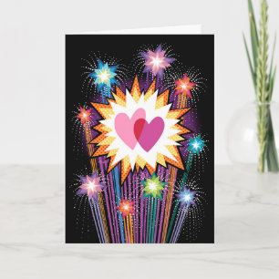 Twee Harten Kleurrijke Vuurwerk Valentijn Feestdagen Kaart
