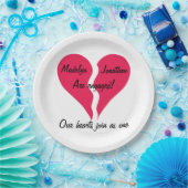 Twee harten komen samen als één naam gepersonalise papieren bordje (Feest)