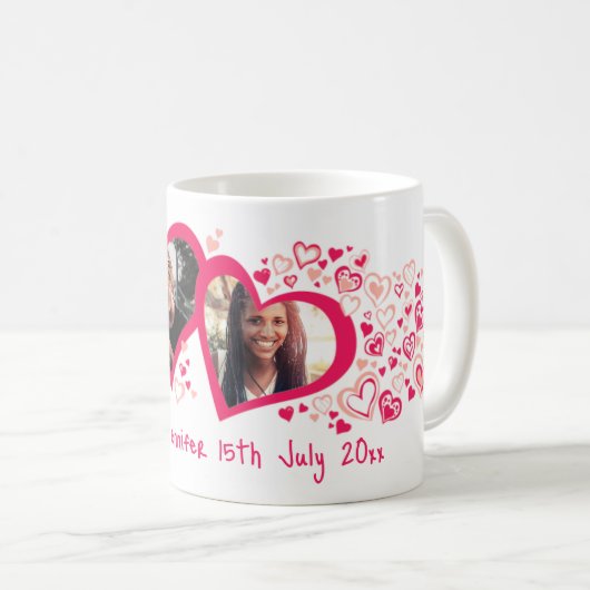 Twee harten naam datum bruiloft foto roze rode mok (Voorkant rechts)