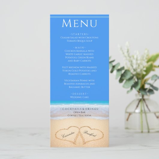 Twee harten op het Beach Wedding Bright Blue-menu Menu (Staand voorkant)