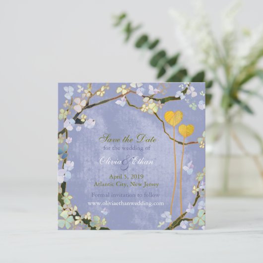 Twee harten Rustic Blue Wedding Save the Date (Staand voorkant)