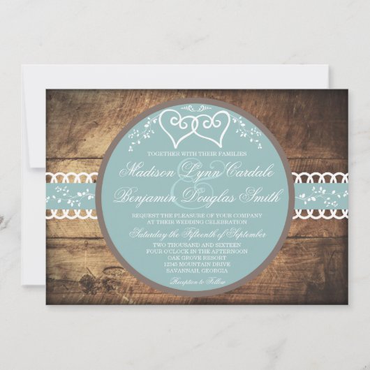 Twee harten Rustic Wood Blue Wedding Invitations Kaart (Voorkant)