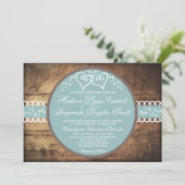 Twee harten Rustic Wood Blue Wedding Invitations Kaart (Staand voorkant)