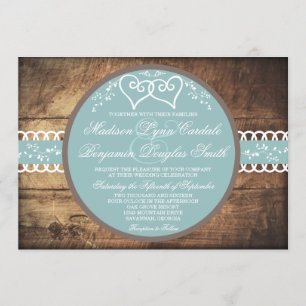 Twee harten Rustic Wood Blue Wedding Invitations Kaart