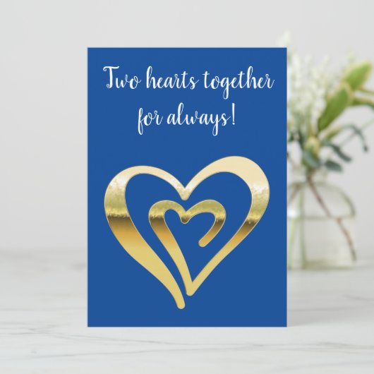 Twee harten samen faux metallic goud blauw feestdagenkaart (Staand voorkant)