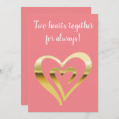 Twee harten samen met metallisch goud, lichtroze feestdagenkaart (Voorkant / Achterkant)