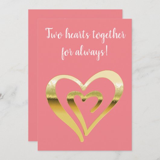 Twee harten samen met metallisch goud, lichtroze feestdagenkaart (Voorkant / Achterkant)
