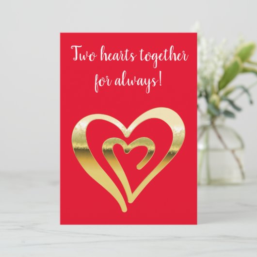 Twee harten samen metaalgoud rood feestdagenkaart (Staand voorkant)
