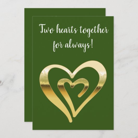 Twee harten samen metallisch goud groen feestdagenkaart (Voorkant / Achterkant)