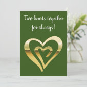 Twee harten samen metallisch goud groen feestdagenkaart (Staand voorkant)