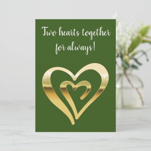 Twee harten samen metallisch goud groen feestdagenkaart (Staand voorkant)