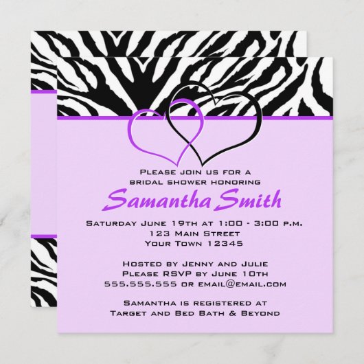 Twee harten Zebra Paarse Vrijgezellenfeest Partij  Kaart (Voorkant / Achterkant)