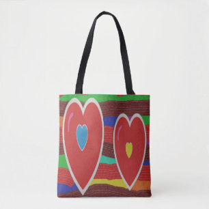 Twee hartjes strepen en tekst tote bag