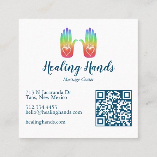 Twee Healing Hands Harten Hamsa Rainbow QR Code Vierkante Visitekaartje (Achterkant)