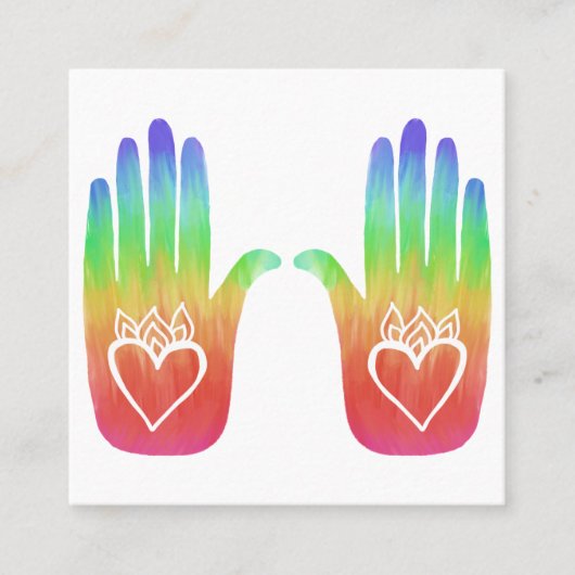Twee Healing Hands Harten Hamsa Rainbow QR Code Vierkante Visitekaartje (Voorkant)