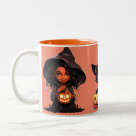 Twee heksen en een zwarte kat schreeuwen Halloween Tweekleurige Koffiemok
