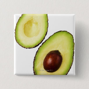 Twee helften van een avocado, wit vierkante button 5,1 cm