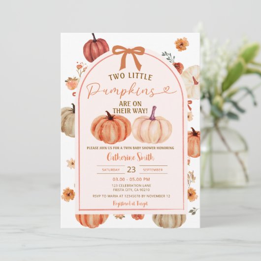 Twee Herfst Herfst Boho pompoen tweeling baby show Kaart (Staand voorkant)