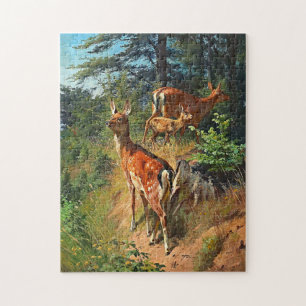 Twee herten en een lief reekalf in het bos legpuzzel