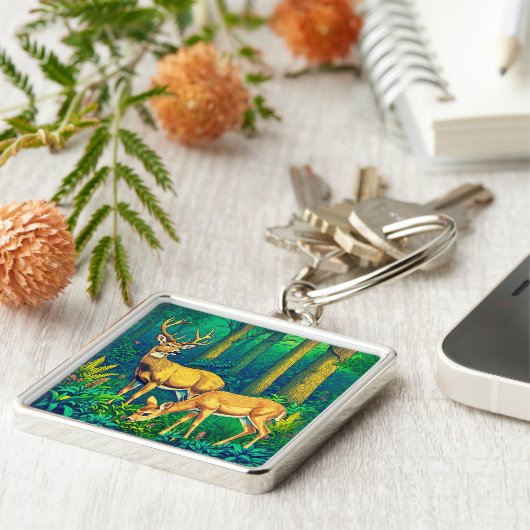 Twee herten in een groen bos sleutelhanger (Zijkant)