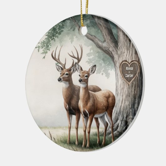 Twee herten voor 1e getrouwde kerst keramisch ornament (Links)