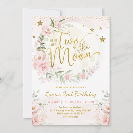 Twee: het Moon Pink Gold Floral 2e verjaardag meis Kaart (Voorkant)