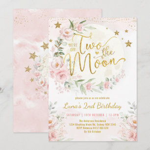 Twee: het Moon Pink Gold Floral 2e verjaardag meis Kaart