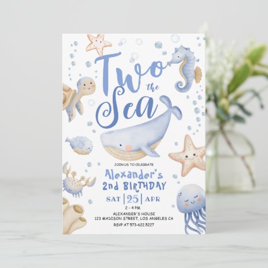 Twee Het Zee 2e Verjaardag Jongen Blauw Schattigee Kaart (Staand voorkant)