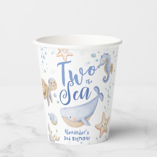Twee Het Zee 2e Verjaardag Jongen Blauw Schattigee Papieren Bekers (Voorkant)