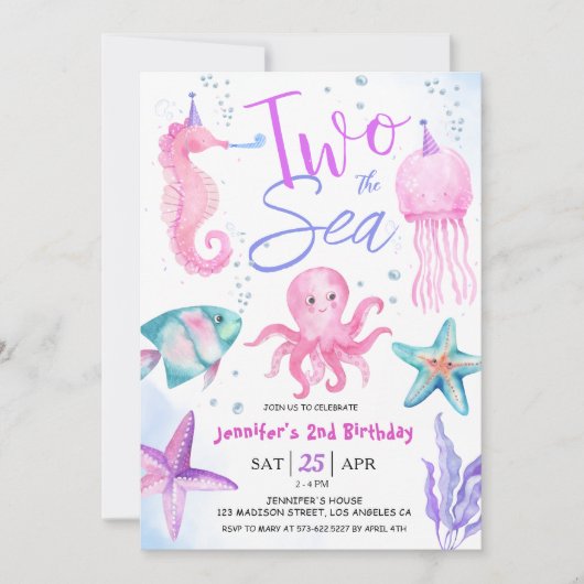 Twee Het Zee 2e Verjaardag Meisje Roze Oceaan Kaart (Voorkant)