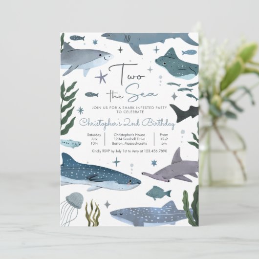 Twee het Zee het Zee Shark 2e Verjaardagsfeest Kaart (Staand voorkant)