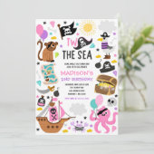 Twee Het Zee Meisje Roze Pirate 2e Verjaardagsfees Kaart (Staand voorkant)