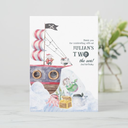 Twee Het Zee Piratenschip Zeemeermin 2e Verjaardag Bedankkaart (Staand voorkant)