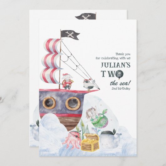 Twee Het Zee Piratenschip Zeemeermin 2e Verjaardag Bedankkaart (Voorkant / Achterkant)
