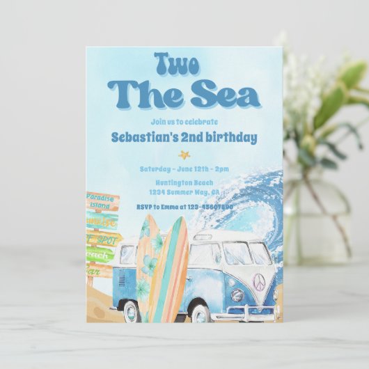 Twee Het Zee Surf Beach 2e Verjaardagsuitnodiging Kaart (Staand voorkant)