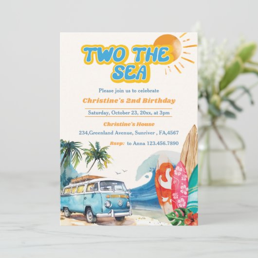 Twee Het Zee Surf Beach 2e Verjaardagsuitnodiging Kaart (Staand voorkant)