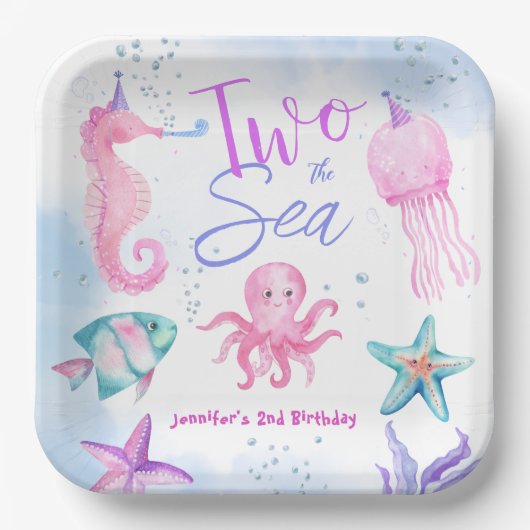 Twee het Zee! Zeemeermin 2e Verjaardag Schattigee  Papieren Bordje (Voorkant)