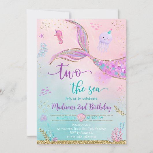 Twee het Zee Zeemeermin Roze Paarse 2e Verjaardag Kaart (Voorkant)