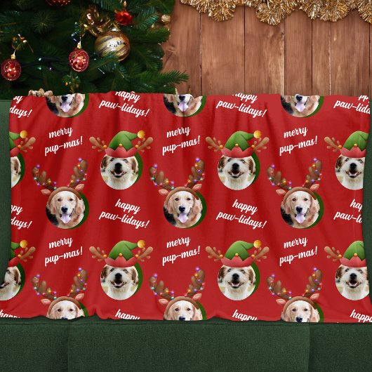 Twee Hond Foto Rendier Antler Vrolijk Kerstrood Fleece Deken