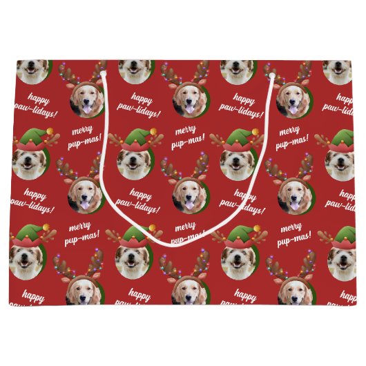 Twee Hond Foto Rendier Antler Vrolijk Kerstrood Groot Cadeauzakje (Voorkant)