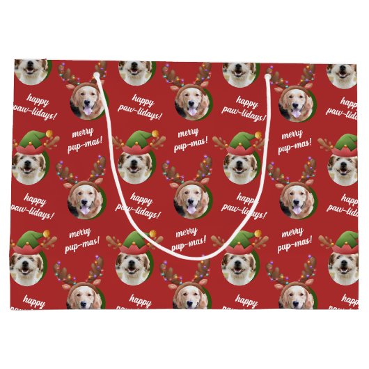 Twee Hond Foto Rendier Antler Vrolijk Kerstrood Groot Cadeauzakje (Achterkant)