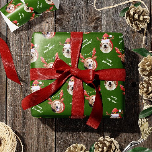 Twee Hond Foto Rendier Vrolijk Kerstgroen Cadeaupapier