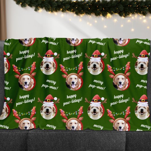 Twee Hond Foto Rendier Vrolijk Kerstgroen Fleece Deken