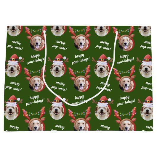 Twee Hond Foto Rendier Vrolijk Kerstgroen Groot Cadeauzakje (Voorkant)