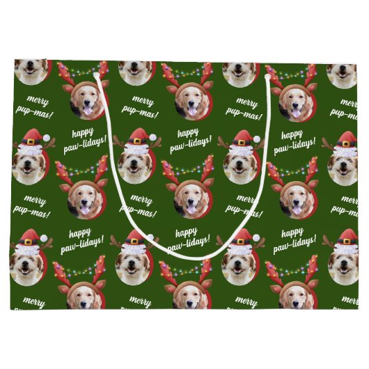 Twee Hond Foto Rendier Vrolijk Kerstgroen Groot Cadeauzakje (Achterkant)