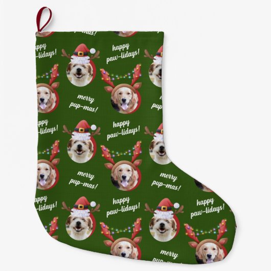 Twee Hond Foto Rendier Vrolijk Kerstgroen Grote Kerstsok (Voorkant)