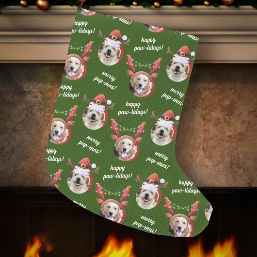 Twee Hond Foto Rendier Vrolijk Kerstgroen Grote Kerstsok