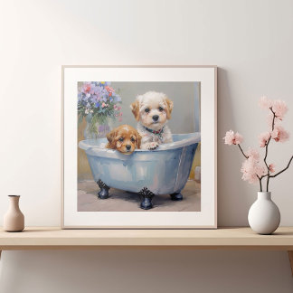Twee honden in badkuip schilderij poster
