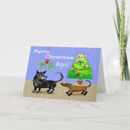 Twee honden snuffelen achterzijde, met kerstboom. feestdagen kaart