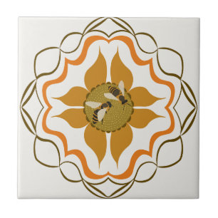 Twee honingbijen zitten op gele bloem tegeltje